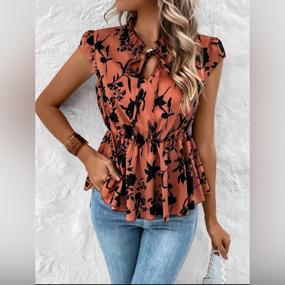 SHEIN LUNE floral print ruffle hem blouse, rust orange/brown, size L